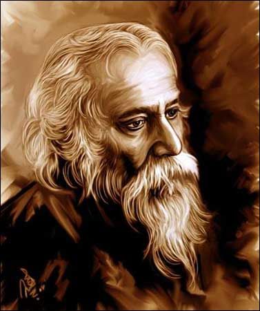 Rabindranath Tagore- famous poet and Nobel Prize winner for Literature.  This Bengali was an artist  in the true sense. He thought it was bad for children to be confined in the four walls of a classroom and advocated open air schooling. He found the world famous Shanti Niketan- Abode of Peace- where kids can learn by walking around Nature. Rabindranath Tagore Paintings Art, Rabindranath Tagore Paintings, Shanti Niketan, Rabindra Nath Tagore, Ruskin Bond, Rabindranath Tagore, Portraiture Painting, India Flag, Coffee Painting