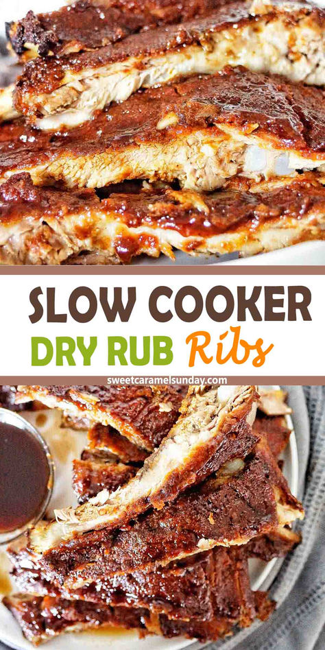 Cooked ribs on white plate with bbq sauce. There is text written between 2 images. Crockpot Ribs Dry Rub, How To Cook Pork Ribs In Crock Pot, Dry Rub Ribs In Crockpot, Pork Ribs Crock Pot Recipes, Crockpot Spareribs Recipes, Babyback Ribs In Crockpot Slow Cooker, Crockpot Pork Ribs Recipes, Spareribs In Crockpot, Rib Recipes Slow Cooker