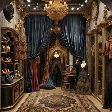 Victorian Boutique Interior: Elegant Victorian-themed boutique featuring exquisite dresses, lush drapery, ornate decor, and a timeless luxurious atmosphere. #victorian #boutique #interior #dresses #drapery #aiart #aiphoto #stockcake ⬇️ Download and 📝 Prompt 👉 https://ayr.app/l/GynH Victorian Boutique Interior, Victorian Era Interior Design, Victorian Sewing Room, Luxury Fitting Room, Victorian Room Aesthetic, Victorian Boutique, Luxury Boutique Interior, Ornate Decor, Luxury Drapery