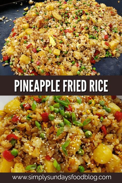 A colorful fried rice with the added flavor boost of pineapple chunks and juice. The perfect balance of sweet and savory Pineapple Fried Rice Blackstone, Chicken Fried Rice With Pineapple, Pineapple Pork Fried Rice, Pineapple Fried Rice Recipe Chicken, Fried Rice Pineapple, Fried Rice With Pineapple, Pineapple Rice Bowl, Brown Rice Recipes Easy, Hawaiian Rice