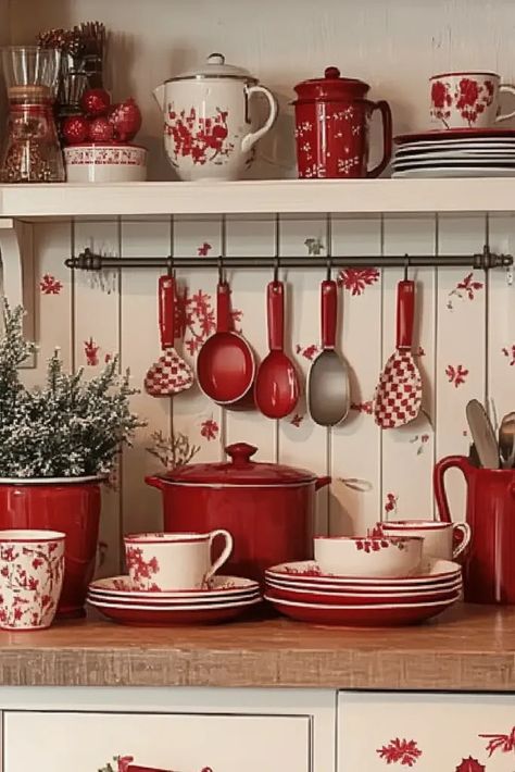 Christmas Kitchen Decor ideas for a cozy holiday kitchen - a charming display of red & white crockery on the counter. From pots and pans to milk jugs, a cute display of cute heirloom crockery pieces to bring in the holiday mood White And Red Kitchen Ideas, Decorating Open Shelves In Kitchen, Christmas Decor Above Kitchen Cabinets, Red Kitchen Decor Ideas, Red Farmhouse Kitchen, Red Kitchen Accents, Red And Teal Kitchen, Red Country Kitchens, Kitchen Christmas Decor Ideas