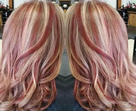 Blonde Hair With Raspberry Highlights, Dark Blonde Hair With Red Highlights, Hair Red Underneath, Blonde Hair Red Underneath, Blonde And Burgundy Hair, Blonde With Color, Curly Hair Coloring, Auburn Hair With Highlights, Red Hair With Blonde