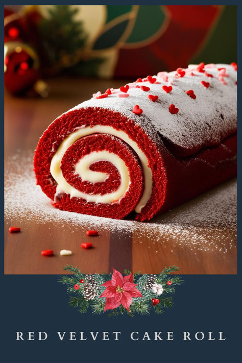 This Red Velvet Cake Roll ;

Ingredients:

4 eggs
3/4 cup sugar
1/2 cup all-purpose flour
2 tbsp cocoa powder
1 tsp red food coloring
8 oz cream cheese
1/2 cup powdered sugar

Instructions:

Preheat oven to 350°F (175°C). Line a jelly roll pan with parchment paper.
Beat eggs and sugar until fluffy. Add cocoa powder, flour, and red food coloring. Mix until combined.
Bake for 10-12 minutes. Cool, unroll, and spread a cream cheese filling made with cream cheese and powdered sugar. Roll and chill. Red Velvet Roll Recipe Cake Mixes, Red Velvet Log Cake, Snowflake Red Velvet Cake Roll, Red Velvet Yule Log Recipe, How To Make A Cake Roll, Red Velvet Cake Roll With Box Cake, Red Velvet Cake Roll Recipe, Red Velvet Roll Cake, Christmas Roll Cake