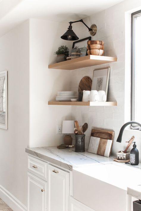 Check out our instagram for styling tips! Photo by @public311design Kitchen Shelf Design, Coastal Cottage Kitchen, Corner Shelving, Shiplap Kitchen, Open Kitchen Shelves, Coastal Kitchen, Dining Nook, Cottage Kitchen, Shelf Design