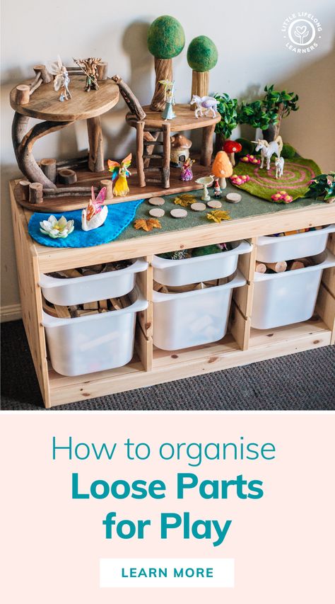 Storage and organisation for loose parts by Little Lifelong Learners. Loose parts are perfect for small world play and art and craft activities for toddlers and preschoolers. We're sharing three easy ideas for storing loose parts so these small pieces are organised and easily accessible for kids. Read the blog post to learn more about how we use Ikea Trofast shelves, compartment storage boxes, and food storage containers to organize our loose parts. Kindergarten Small World Play, Loose Parts Classroom Set Up, Wooden Loose Parts Play, Kitchen Loose Parts, Loose Part Storage, Our World Preschool Activities, Loose Parts Center Preschool, Small World Eyfs Ideas, Loose Parts Storage Ideas