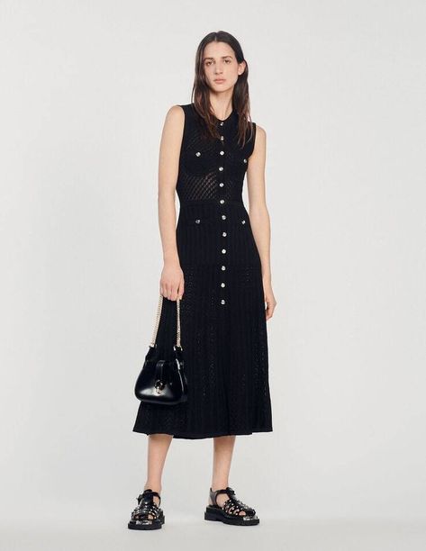 Classic Fashion Is Returning With the Style Set | Who What Wear Perspective Design, Summer August, Ladies Day Dresses, Autumn Winter 2022, Sleeveless Knit Dress, Long Knitted Dress, Casual Day Dresses, Sandro Paris, Sleeveless Long Dress