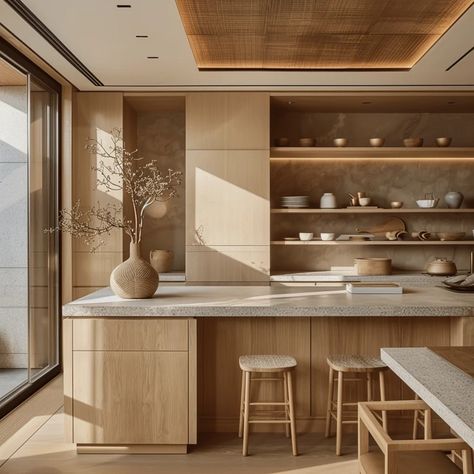 30 Essential Elements for Designing the Perfect Japandi Kitchen Japandi Hardwood Floor, Japandi Pantry, Japandi Kitchen Island, Cuisine Japandi, Japandi Interiors Kitchen, Kitchen Design Minimalist, Japanese Inspired Kitchen, Japandi Kitchen Ideas, Japandi Dining Room Design