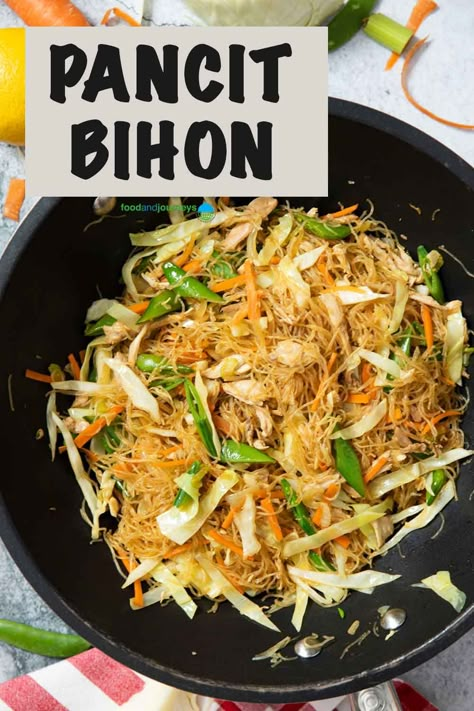 There is no need to wait for a special occasion to try this Pancit Bihon recipe (also known as Pancit Guisado)!  A classic stir-fried noodle from the Philippines, discover for yourself why it's such a well-loved dish! Pancit Easy Recipe, Pancit Canton Bihon Recipe Filipino, Filipino Pancit Bihon Recipe, Authentic Pancit Bihon Recipe Filipino, Pancit Recipe Filipino Dishes, Vegan Pancit Recipe Filipino, Pansit Bihon With Chicken, Pansit With Chicken, Filipino Noodles Pancit Recipe