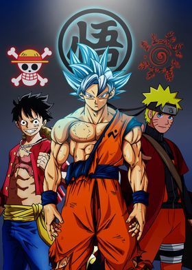 'Son Goku Luffy and Naruto' Poster by Naruto Silhouette Anime Art | Displate | Goku, Anime, Luffy Naruto Eyes, Goku Wallpaper, Naruto Tattoo, All Anime Characters, Naruto Wallpaper, Anime Dragon Ball Super, Anime Crossover, Monkey D Luffy, Anime Character Drawing