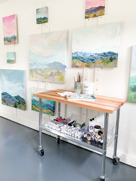 Garage to Art Studio Conversion – Life Is Art Mixed Media Art Studio Organization, Art Studio Hanging Systems, Painting Studio Organization, Paint Studio Ideas Spaces, Painting Studio Ideas, Art Studio Set Up, Small Painting Studio, Painting Studio Workspaces, Painting Room Ideas Art Studios