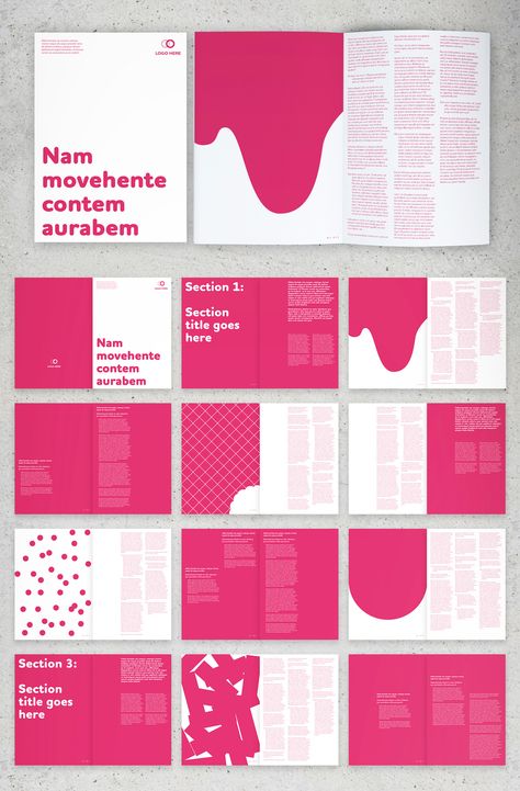 Pink Booklet / Brochure Template. 30 pages Booklet Layout Design Inspiration, Pink Magazine Layout, Creative Booklet Design, Booklet Design Inspiration, Indesign Layout Inspiration, Magazine Design Layout, Booklet Design Layout, Graphic Design Portfolio Book, Booklet Layout