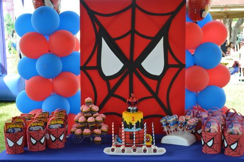 Awesome dessert table and backdrop at a Spiderman superhero boy birthday party!  See more party ideas at CatchMyParty.com! Spiderman Backdrop, Fête Spider Man, Spiderman Theme Party, Personalized Backdrop, Spiderman Birthday Party Decorations, Spiderman Theme, Spiderman Birthday Party, Spiderman Party, Mens Birthday Party