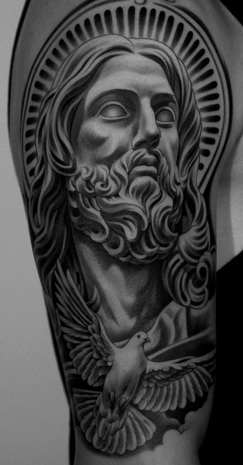 Jesus Tattoo Sleeve, Tato Maori, Jesus Tattoo Design, Heaven Tattoos, Christ Tattoo, Statue Tattoo, Men Tattoos Arm Sleeve, Cool Chest Tattoos, Cool Forearm Tattoos