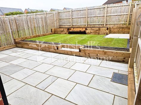 Micklefield, Leeds (Garden Landscaping Project 174) Step Up Patio, Garden With Sleepers, Different Level Garden Ideas, Sleeper Steps Garden, Patio Steps Down To Garden, Small Rectangle Garden Ideas, Two Level Garden Ideas, Garden Sleeper Ideas, Garden Retaining Wall Ideas