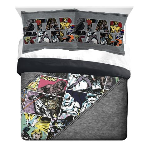 PRICES MAY VARY. PERFECT FIT & FUN DESIGN - Queen sized comforter measures 86 x 86 inch and includes (2) 20 x 26 inch shams. Add a touch of decorative enchantment to your room with our fashionable and super soft Star Wars comforter and sham set. Fun and colorful design features all your child’s favorite characters. HIGH QUALITY & EASY CARE - Keep your little one as cozy as can be! Star Wars comforter and sham set is super soft and great for all seasons. 100% brushed microfiber polyester allows f Star Wars Comforter, Star Wars Bed, Star Wars Bedroom, Kids Comforters, Queen Size Comforter, Star Wars Comics, Twin Comforter, Comic Book Style, Star Wars Artwork