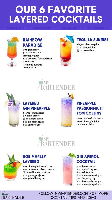 Layered Cocktails Pride Drink Recipes, Fun Cocktails Recipes, Layered Mocktail Recipe, Rainbow Cocktail Recipe, Layered Cocktails Recipes, Pretty Cocktail Recipes, Taylor Port Mixed Drinks, Cute Summer Drinks, Funky Cocktails