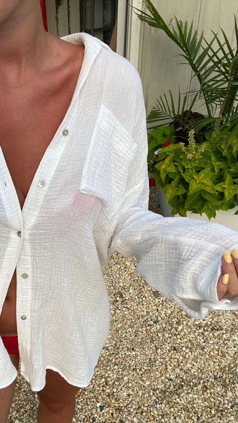 aesthetic white beach look Beach Outfit Button Up, White Beach Button Up Shirt, Sheer White Button Up Outfit, White Button Up Coverup, White Button Down Beach Cover Up, White Linen Button Up, Beach Cover Up Aesthetic, Long Sleeve Button Up Shirt Outfit, White Summer Aesthetic