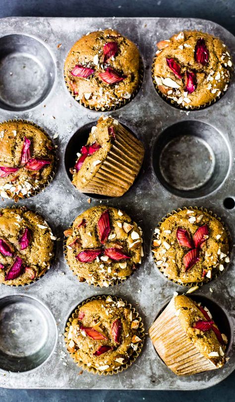 Made with almond flour and chunks of spring rhubarb, these gluten free muffins are soft and delicious. Rhubarb Muffins Gluten Free, Almond Flour Rhubarb Recipes, Almond Flour Raspberry Muffins, Muffin Photography, Strawberry Almond Flour Muffins, Almond Flour Rhubarb Muffins, Rhubarb Cinnamon Muffins, Rhubarb Rhubarb, Heartbeet Kitchen