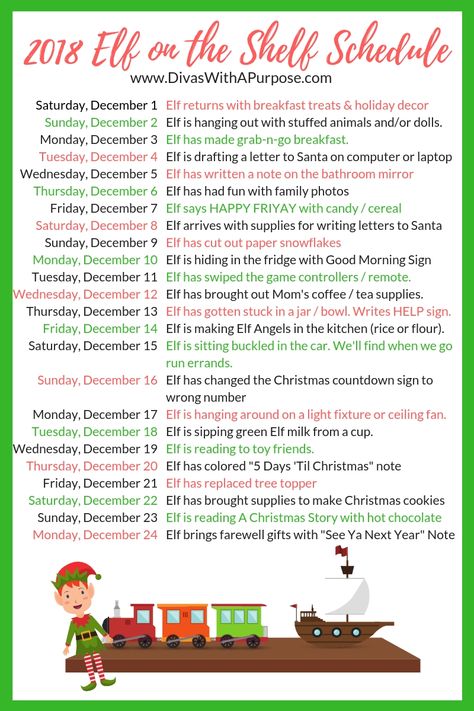 2018 Elf on the Shelf Schedule Elf On The Shelf Schedule, Elf On Shelf Printables, Simple Elf On The Shelf, Elf Of The Shelf, Elf Stuff, Christmas Cuties, Awesome Elf On The Shelf Ideas, Elf Magic, Elf Activities