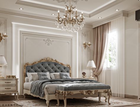 Royal Master Bedrooms Decor, Neo Classic Interior Design Luxury Bedroom, Neo Classic Bedroom Design Luxury, Master Bedrooms Decor Classic, Modern Classic Bedroom Design Luxury, Roman Room Aesthetic, Classic Master Bedrooms Decor, Mother Bedroom, Classical Bed