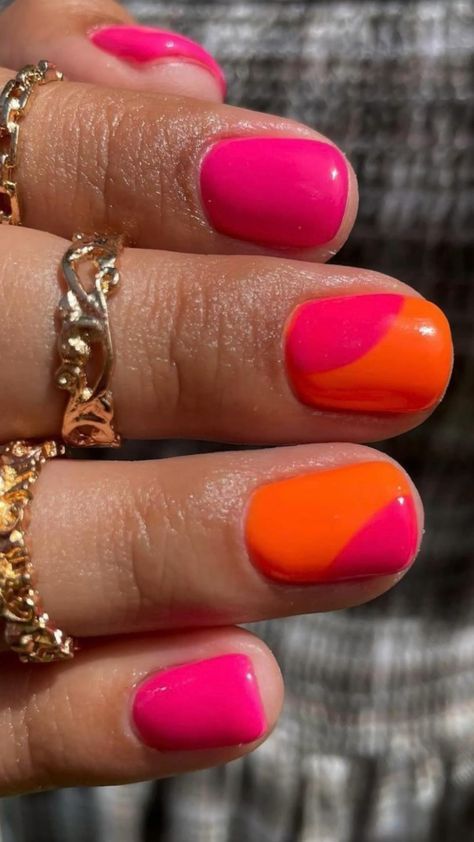 Different Shades Of Orange Nails Acrylic, Neon Dip Nails Short, Orange And Pink Short Nails, Bright Sparkly Summer Nails, Orange And Fuschia Nails, Orange Nails With Accent Nail, Orange Pink Nail Art, Pink And Orange Pedicure, Pink And Orange Toenails