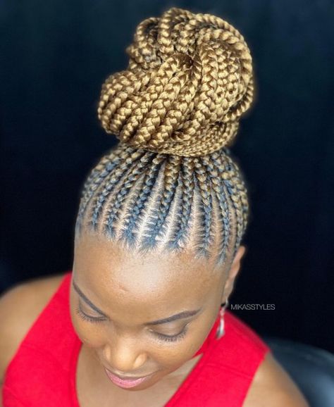 Cornrow Buns, Cornrows Bun, Cornrow Updo On Natural Hair, Stitched Braids, Messy Bridal Bun, Two Cornrow Braids, Extension Braids, Cornrow Updo, Cornrows Updo