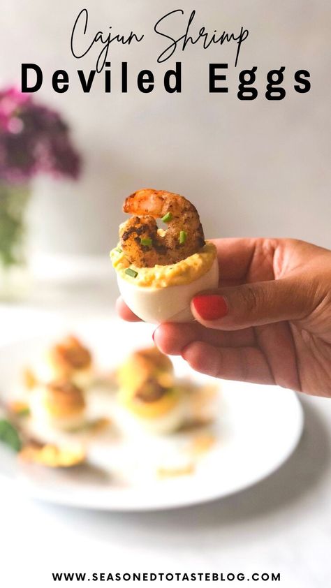 Deviled Egg With Shrimp, Cajun Deviled Eggs Recipe Best, Deviled Eggs With Shrimp On Top, Creole Deviled Eggs, Hot Honey Deviled Eggs, Shrimp Deviled Eggs Recipes, Cajun Shrimp Deviled Eggs, Hot Honey Shrimp Deviled Eggs, Deviled Eggs Shrimp