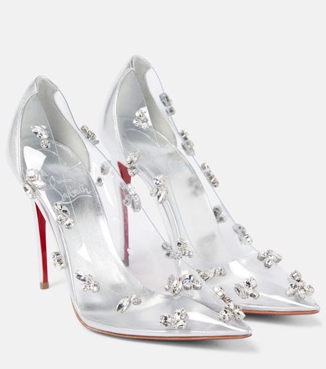 Degraqueen embellished PVC pumps in silver - Christian Louboutin | Mytheresa White Louboutin Heels, White Louboutin, Christian Louboutin Shoes Pumps, Louboutin Wedding Shoes, Christian Louboutin Heels Outfit, Clear Pumps, Louboutin Online, Silver Pumps, Louboutin Heels