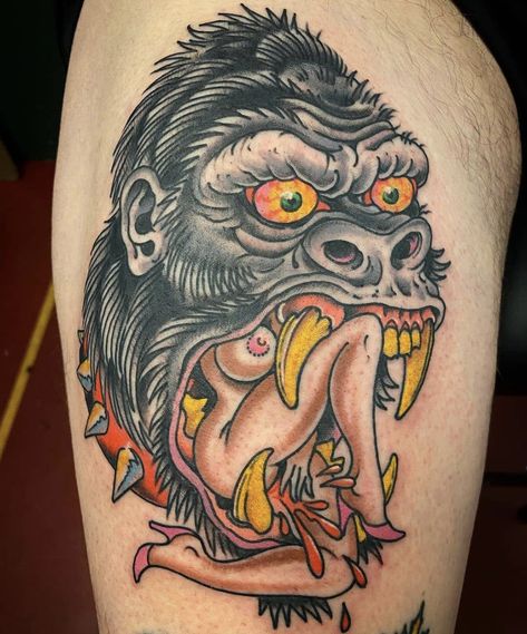 Grease Monkey Tattoo, Monkey Skull Tattoo, Traditional Giraffe Tattoo, Gila Monster Tattoo, Traditional Monster Tattoo, American Traditional Gorilla, Gorilla Traditional Tattoo, Traditional Monkey Tattoo, Traditional Gorilla Tattoo