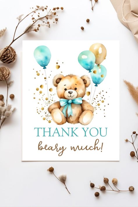 Teddy bear bearly wait baby shower thank you card cute teddy bear aqua blue and gold  balloons Teddy Bear Birthday Party, Teddy Bear Baby Shower Invitations, Teddy Bear Party, Gold Sprinkles, Pink Happy Birthday, Teddy Bear Birthday, Sprinkle Baby Shower, Bearly Wait, Party Stationery