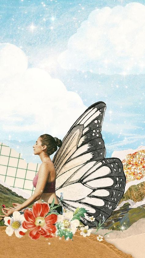 Woman Phone Wallpaper, Personality Collage, Spiritual Wallpaper Iphone, Wing Background, Surrealist Portrait, Collage Butterfly, Collage Art Vintage, Surrealism Collage, Butterfly Woman