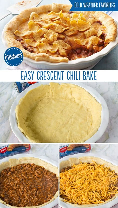 Comfort food necessity! This easy 5-ingredient Crescent Chili Bake is the warm dinner you've been looking for on those cold winter nights. Made with crescents, chili, ground beef, cheese and corn chips it'll be a hit the whole family will enjoy! Things To Do With Chili Leftovers, Chili Crescent Roll Bake, Chili Bake Casserole, Warm Dinners For Cold Nights, Chili Ground Beef, Chili Pie Recipe, Chili Bake, Corn Chip, Chili Pie