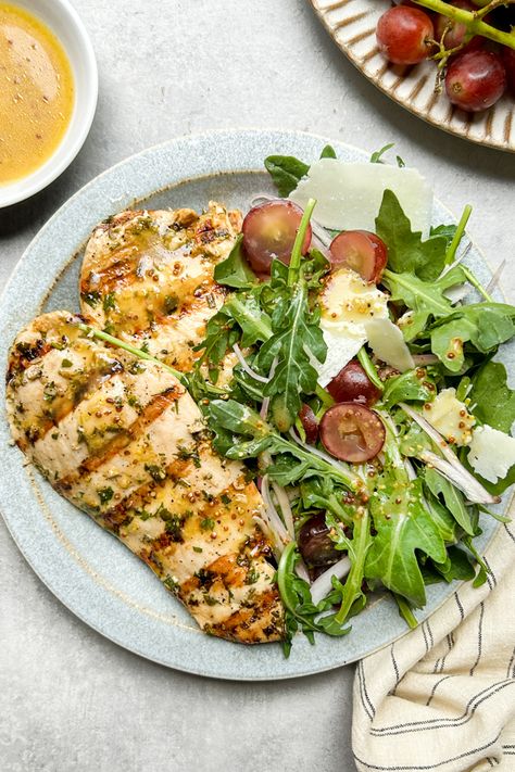 Grilled Chicken Paillard with California Grapes and Arugula Salad | PrimalGourmet Easy Waldorf Salad, Primal Gourmet, Chicken Paillard, Apple Cider Vinaigrette, Cider Vinaigrette, Pork Salad, Roasted Chicken Thighs, Steak Salad, Citrus Chicken