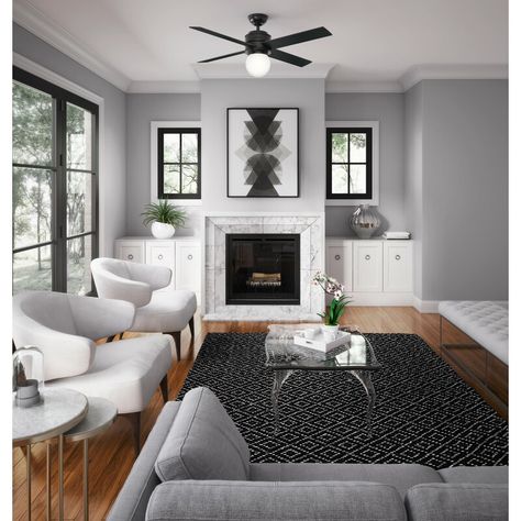 Grey Walls Living Room, Black Ceiling Fan, Soft Modern, Google Assistant, Home Ceiling, Living Room Grey, Minimalist Living, A Living Room, Kit Homes