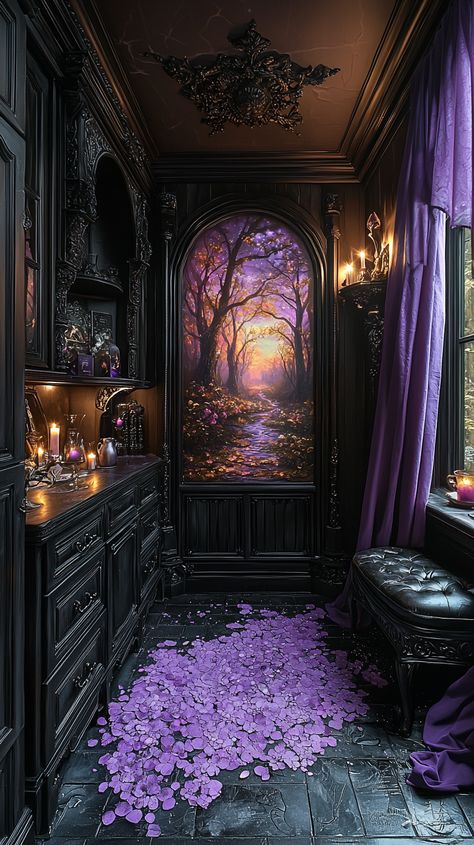 Enchanting Gothic Pantry Ideas: Mystical Decor and Moody Candlelight Gothic Pantry, Fae Court, Gothic Home Decor Ideas, Forest Paintings, Goth House, Goth Houses, Fairy Room, Magical Decor, Purple Curtains