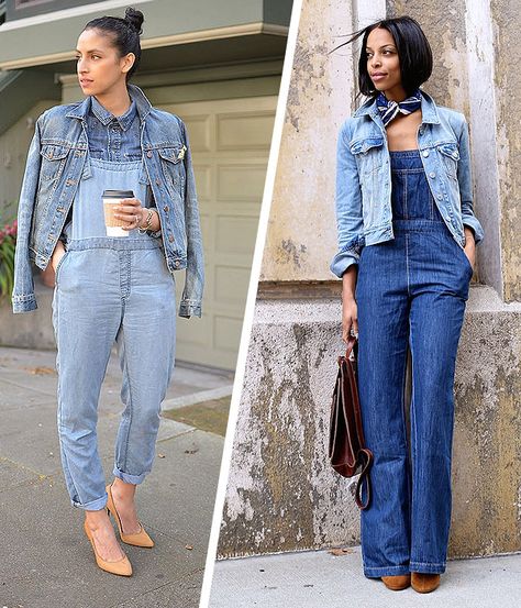 denim-jumpsuit-jacket-double-denim-street-style Spring Denim Outfits, September Outfits, Moda Denim, Style Overalls, Spring Denim, Denim Outfits, Denim On Denim, Denim Ideas, Trendy Denim