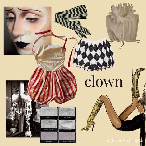 20s Inspired Clown, Vintage Circus Halloween Costumes, Clown Themed Outfit, Circus Clown Costume Women, 2024 Halloween Trends, Retro Clown, Vintage Circus Clown Costume, Niche Costumes, Vintage Halloween Costume Corset