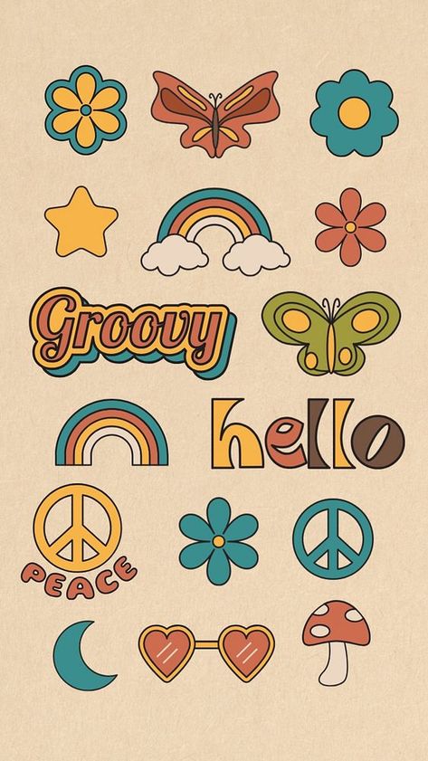 Groovy retro sticker, editable remix set | premium image by rawpixel.com Retro Stickers Printable, Retro Stickers Aesthetic, Hippie Graphic Design, Groovy Elements, Groovy Stickers, Groovy Aesthetic, Retro Butterfly, Sticker Design Inspiration, Retro Graphic Design