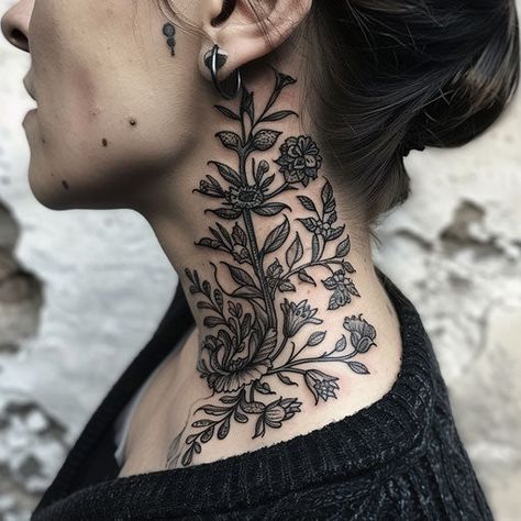 Throat Tattoos Master Tattoo Designs Victorian Throat Tattoo, Traditional Throat Tattoos Women, Large Collar Bone Tattoo, Women’s Tattoo Ideas Neck, Woman Neck Tattoo Side, Floral Neck Tattoo For Women, Womens Throat Tattoo, Neck Throat Tattoos Women, Shoulder Neck Tattoos