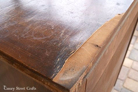 How to easily fix damaged veneer on furniture. Veneer Furniture Makeover, Diy Furniture Repair, Veneer Furniture, Laminate Furniture, Wood Furniture Plans, Wood Repair, Makeover Tips, Diy Furniture Renovation, Furniture Repair