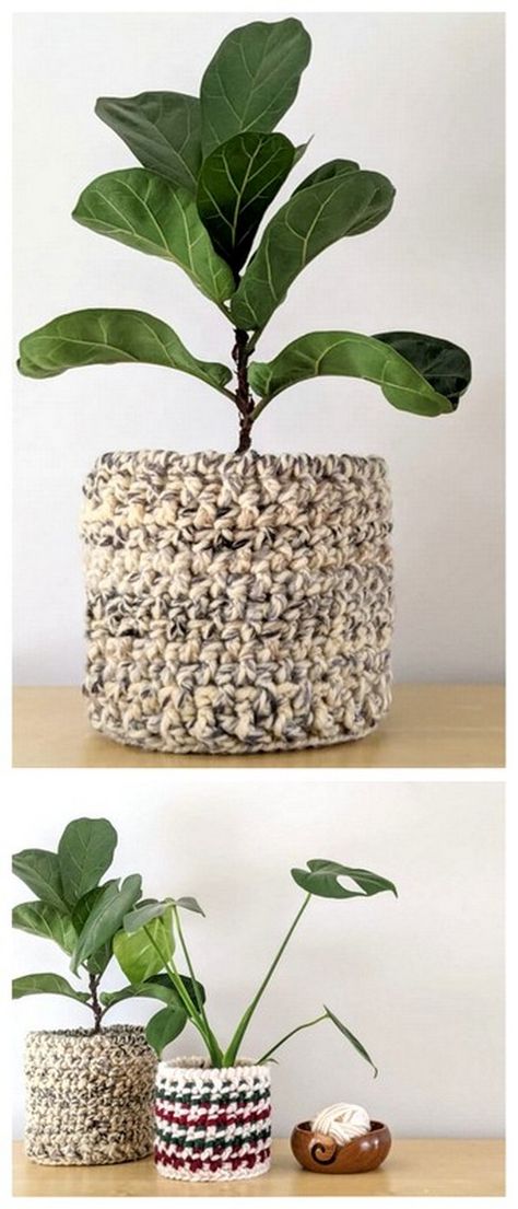 Crochet Plant Pot Cozy Cover Free Pattern Tutorial Crochet Pot Plant Holders Free Pattern, Crocheted Plant Basket, Knit Planter Cover, Crochet Pot Plants Free Pattern, Free Crochet Flower Pot Pattern, Crochet Plant Pot Holders, Crocheted Plant Holders, Crochet Pot Cozy, Crochet Pots Free Pattern