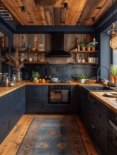 Dark Blue Kitchen, Dark Blue Kitchens, Slate Kitchen, Moody Kitchen, Kitchen Colour Combination, Tiktok Influencer, Dark Grey Kitchen, Cosy Kitchen, Blue Kitchen Cabinets