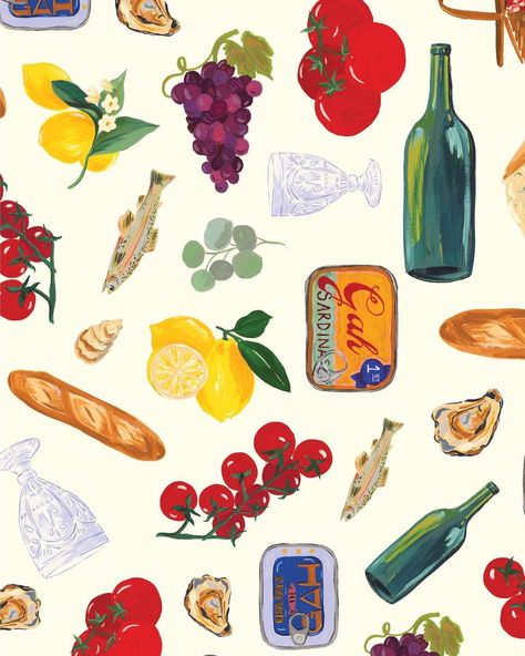 LISA SAYS GAH on Instagram: “🥖🍷🦪🍅🍇🍋 Our Italian Summer print is almost here! Consider this custom print capsule your hot-weather go-to, and a way to transport to the…” Lisa Says Gah Tapas, Vintage Summer Prints, Lisa Says Gah Italian Summer, Cute Summer Patterns, Vintage Poster Illustration, Italian Summer Illustration, Cute Summer Painting Ideas, Lisa Says Gah Wallpaper, Lisa Says Gah Aesthetic