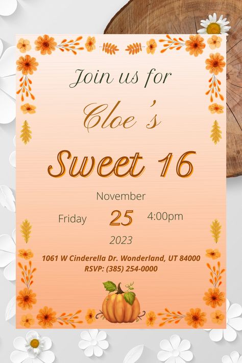 Fall Sweet Sixteen Invitation, Orange Floral Theme, November Teen Girl 16th Birthday Party, Editable Invite, Instant Digital Download, Printable, Electronic Fall Birthday Parties, Sweet Sixteen Invitations, Sweet 16 Invitations, 16th Birthday Party, Fall Birthday, Floral Theme, Sweet Sixteen, 16th Birthday, Editable Invitations