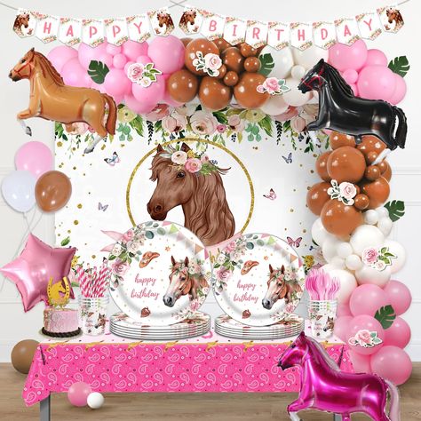 PRICES MAY VARY. 🐴 AMAZING PINK HORSE PARTY – Your girl is very much in horses? The horse will be one of the perfect themes to celebrate her birthday. The horse with floral patterns creates a soft and elegant vibe. The striking western-styled decorations also give this party a distinctive and wild feeling. Your girl would love this amazing pink horse party. 🎀 HORSE PARTY DECORATIONS FOR GIRL INCLUDES - 100 x latex balloons | 4 x foil balloons | 5 x artificial leaves | 6 x flower cutouts | 1 x Yeehaw Birthday Party, Girls Horse Birthday Party, Horse Theme Birthday Party Girl, 2nd Birthday Horse Theme, Pink Horse Birthday Party, Horse 2nd Birthday Party Girl, Girl Horse Birthday Party, Horse Party Decorations, Horse Theme Birthday Party