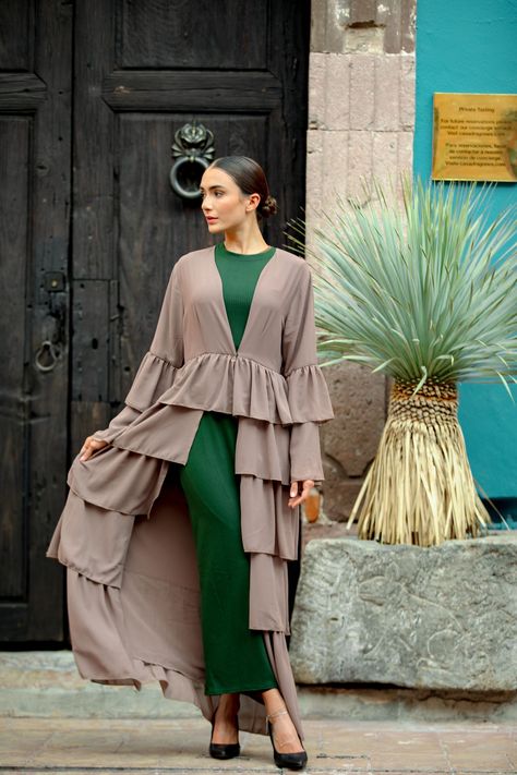 Elegant Abayas, Open Abaya, Swimsuits Outfits, Cascading Ruffles, Maxi Cardigan, Abaya Dress, Abaya Fashion, Taupe Color, Kimono Sleeve