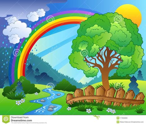 Illustration about Landscape with rainbow and tree - illustration. Illustration of rain, scene, cartoon - 17455659 Landscape With Rainbow, Scenery Drawing For Kids, Farm Cartoon, Decoration Creche, Rainbow Drawing, Kids Nursery Art, Animal Art Projects, School Wall Art, School Murals