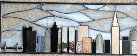 C and L Creations Cityscape "THE SKYLINE" Item No. 359 30"W x 18"H Stained Glass City Skyline, Stained Glass City Scape, Pittsburgh Skyline, Skyline Design, Las Vegas City, Stained Glass Diy, Glass Projects, Stained Glass Projects, Stained Glass Patterns