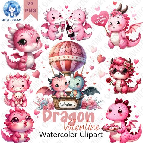 Dragon Valentine, Dragon Couple, Sublimation Pink, Valentines Day Png Clip Art, Valentines Watercolor, Waterslide Decal Paper, Cute Dragon, Frame Artwork, Pink Dragon