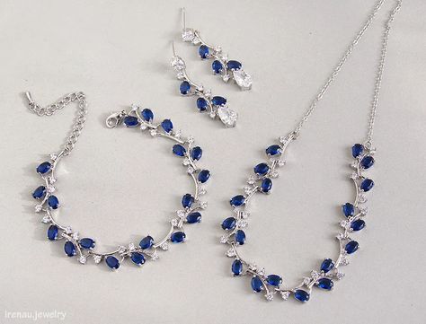 Blue Wedding Necklace Sapphire Blue Bridal Necklace Navy - Etsy Blue Wedding Bracelet, Blue Wedding Necklace, Dark Blue Jewelry, Sapphire Blue Earrings, Crystal Wedding Earrings, Blue Bridal Earrings, Necklace Sapphire, Antique Necklaces Design, Crystal Wedding Jewelry